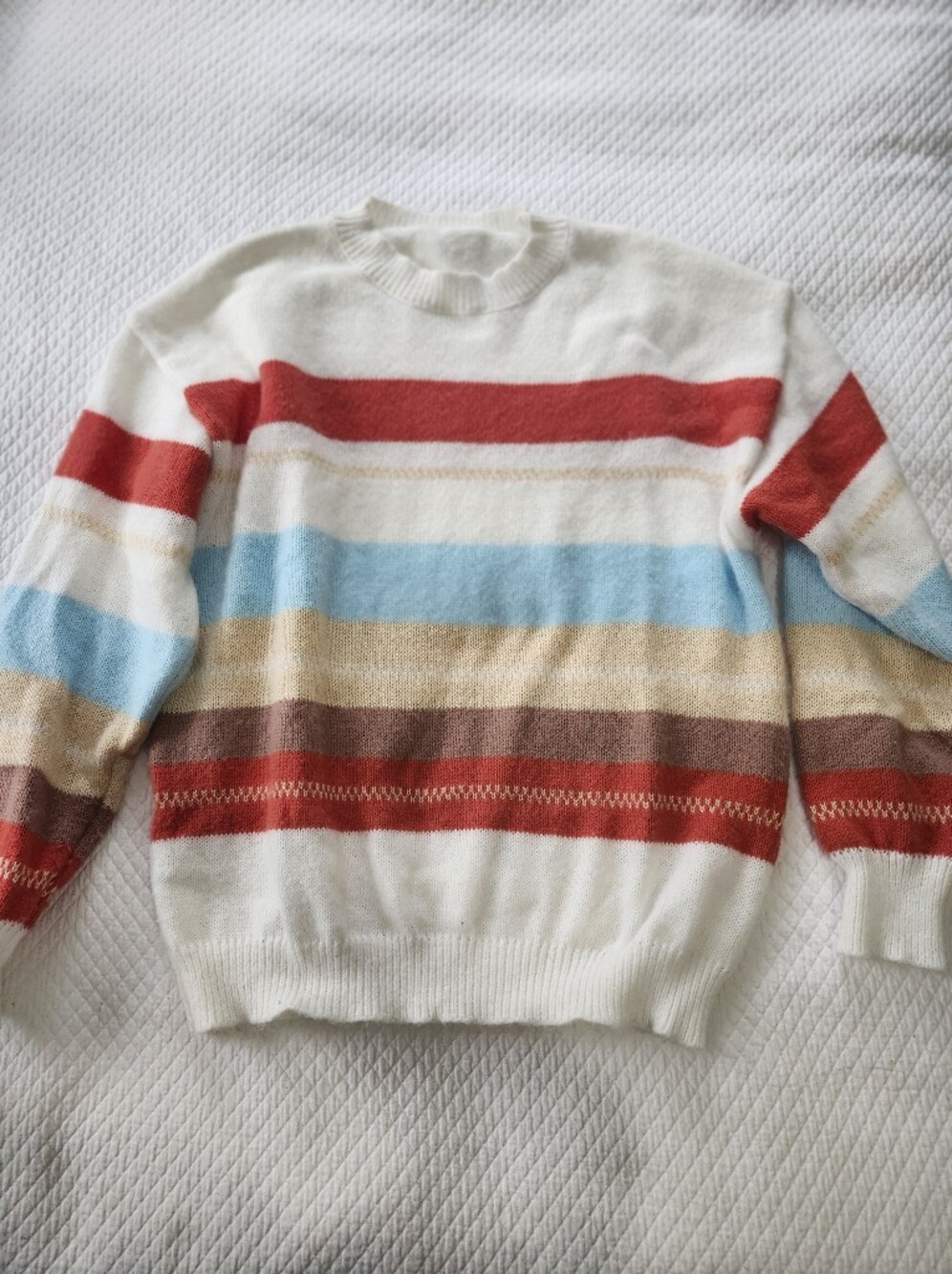 Source Unknown Ivory Crewneck Sweater with Red, Blue & Tan Stripes